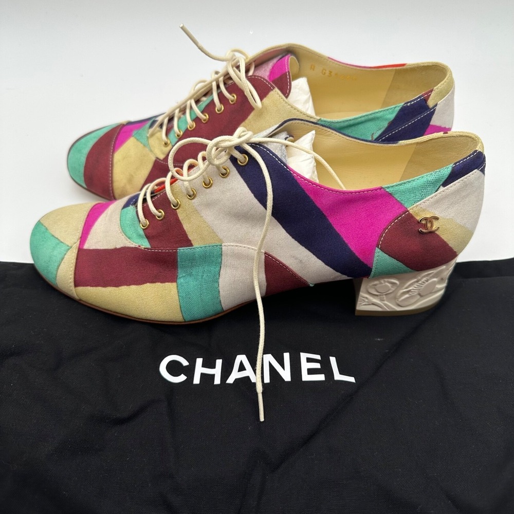 NEW CHANEL‎ BROGUES SHOES CAMELIA G HEELS MULTI COLOR CANVAS G31468 Size 38.5